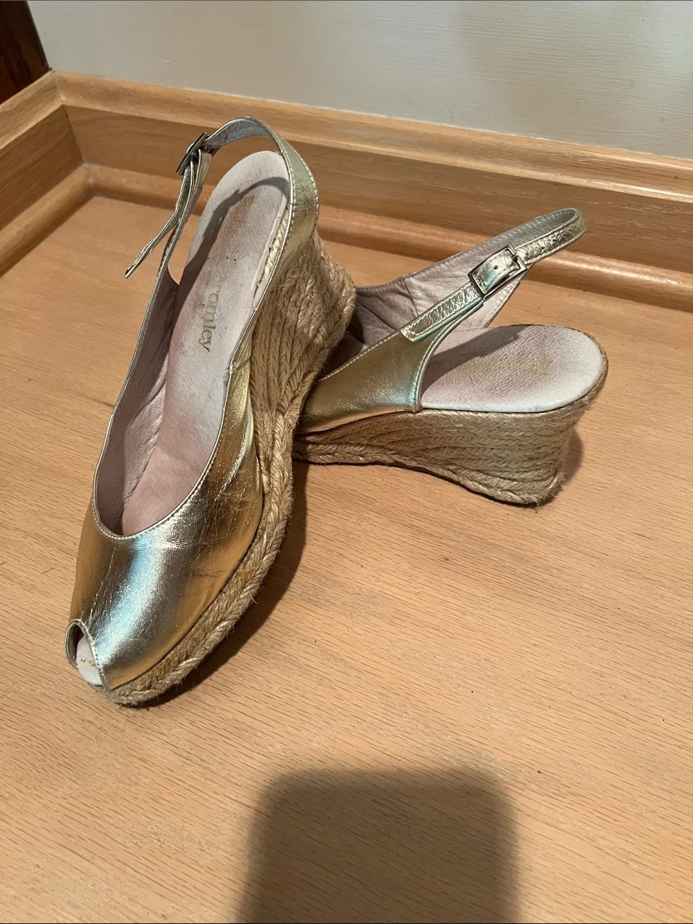 Metallic Gold Peep-Toe Slingback Wedge Sandals